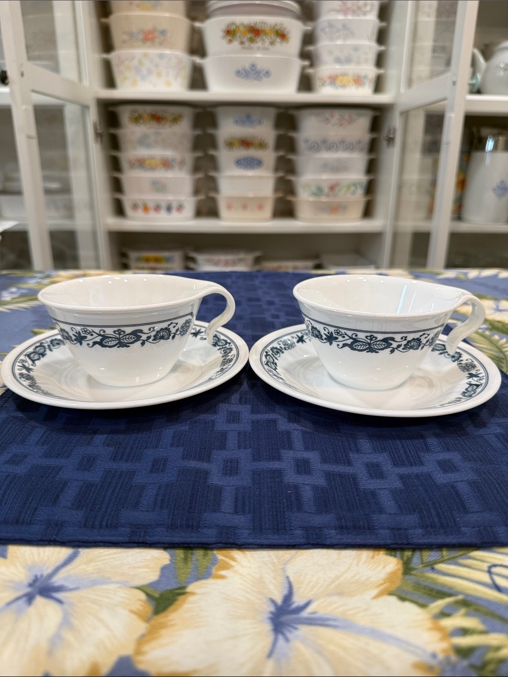 Corelle White Old Town Blue Teacups and Saucers with Blue Scroll Band - Pair